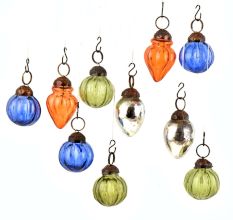 Set of 25 Handmade Olive Blue Orange And Silver Mini Christmas Ornaments In Assorted Shapes