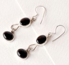 Twin Black Onyx 92.5 Sterling Silver Earrings Oval Shape Dangler Earrings
