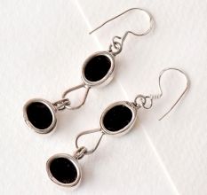 Twin Black Onyx 92.5 Sterling Silver Earrings Oval Shape Dangler Earrings