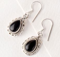92.5 Sterling Silver Earrings Black Oval Cabochon Engraved Border Drop Earrings
