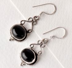 92.5 Sterling Silver Earrings Oval Black Onyx Cabochon Filigree Dangler Earrings