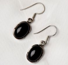 92.5 Sterling Silver Earrings Oval Black Onyx Cabochon Fashion Earrings