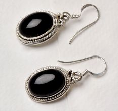 92.5 Sterling silver Earrings Oval Cabochon Black Onyx Bezel Set Hanging Earrings