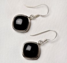 92.5 Sterling Silver Earrings Black Onyx Square Design Bezel Set Drop Hanging earrings
