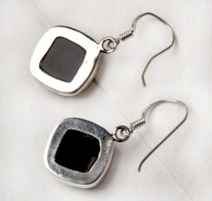 92.5 Sterling Silver Earrings Black Onyx Square Design Bezel Set Drop Hanging earrings