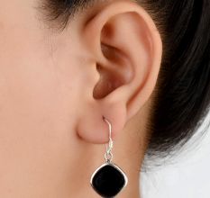 92.5 Sterling Silver Earrings Black Onyx Square Design Bezel Set Drop Hanging earrings