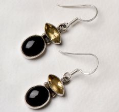 92.5 Sterling Silver Earrings With Oval Citrine And Black Round Onyx Dangler Earrings