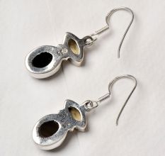 92.5 Sterling Silver Earrings With Oval Citrine And Black Round Onyx Dangler Earrings
