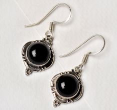 92.5 Sterling Silver Earrings With Black Onyx Round Cabochon Designer Border Drop Earrings