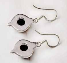 92.5 Sterling Silver Earrings With Black Onyx Round Cabochon Designer Border Drop Earrings