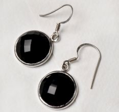 92.5 Sterling Silver Earrings Round Onyx Stone With Ring Border Drop Earrings
