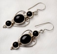 92.5 Sterling Silver Earrings Long Two Black Onyx And One Long Designer Dangler Earrings