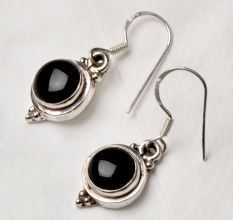 92.5 Sterling Silver Earrings Single Round Black Onyx Bezel Set Drop Earrings