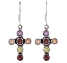 92.5 Sterling Silver Earrings Multi Stone Holy Cross Design Dangler Earrings
