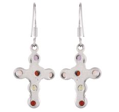 92.5 Sterling Silver Earrings Multi Stone Holy Cross Design Dangler Earrings