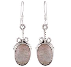 92.5 Sterling Silver Earrings Big Oval Jasper Stone Set In Rope Border Design