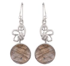 92.5 Sterling Silver Earrings Round Jade Wired Flower Design Drop Dangler Earrings