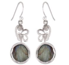 92.5 Sterling Silver Earrings Round Jasper Stone In Bezel Setting Wired Flower Design Drop Earrings