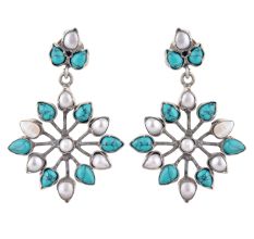 92.5 Sterling Silver Earrings Turquoise And Pearl Flower Design Drop Earrings