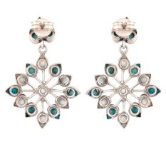 92.5 Sterling Silver Earrings Turquoise And Pearl Flower Design Drop Earrings
