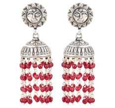 92.5 Sterling silver Earrings Sun God Face Red Onyx Stone Beads Jhumkis