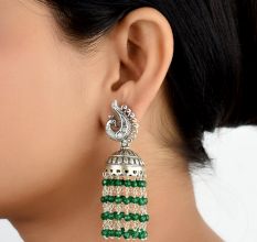 92.5 Sterling Silver Earrings Peacock Stud Green Onyx Stones Chandelier Jhumkis