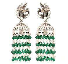 92.5 Sterling Silver Earrings Peacock Stud Green Onyx Stones Chandelier Jhumkis