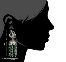 92.5 Sterling Silver Earrings Peacock Stud Green Onyx Stones Chandelier Jhumkis