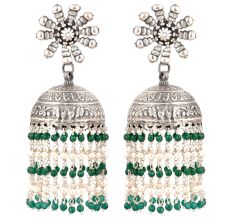 92.5 Sterling Silver Earrings  Big Sunflower Stud Jhumkis With Green onyx Beads Tassels