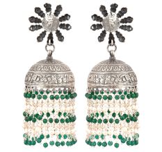 92.5 Sterling Silver Earrings  Big Sunflower Stud Jhumkis With Green onyx Beads Tassels