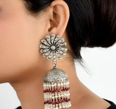 92.5 Sterling Silver Earrings Peacock Floral Stud Red Onyx Tassel Jhumkis For Women