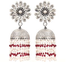 92.5 Sterling Silver Earrings Peacock Floral Stud Red Onyx Tassel Jhumkis For Women