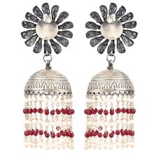 92.5 Sterling Silver Earrings Peacock Floral Stud Red Onyx Tassel Jhumkis For Women