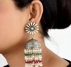 92.5 Sterling Silver Earrings Big Floral Stud Small silver red and Green Onyx Chandelier Tassel Jhumkis