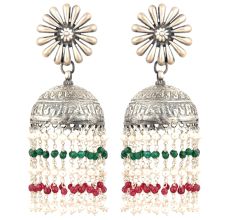 92.5 Sterling Silver Earrings Big Floral Stud Small silver red and Green Onyx Chandelier Tassel Jhumkis