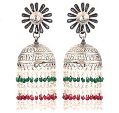 92.5 Sterling Silver Earrings Big Floral Stud Small silver red and Green Onyx Chandelier Tassel Jhumkis