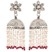 92.5 Sterling Silver Earrings Lotus Flower Jhumkis With Silver Beads And Red Onyx Beads Tassels