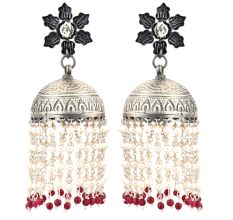 92.5 Sterling Silver Earrings Lotus Flower Jhumkis With Silver Beads And Red Onyx Beads Tassels