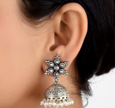 92.5 Sterling silver Earrings Engraved Big Floral Stud and Tassels silver jhumkis