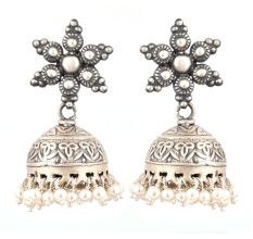 92.5 Sterling silver Earrings Engraved Big Floral Stud and Tassels silver jhumkis