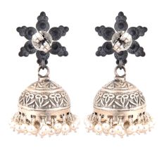 92.5 Sterling silver Earrings Engraved Big Floral Stud and Tassels silver jhumkis