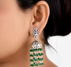 92.5 Sterling Silver Earrings Goddess Figurine Stud Jhumki Green Onyx Tassel Hangings