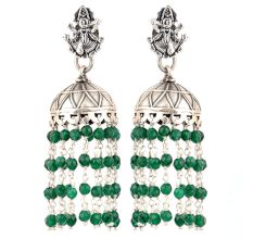 92.5 Sterling Silver Earrings Goddess Figurine Stud Jhumki Green Onyx Tassel Hangings