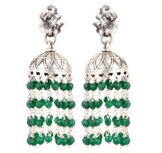 92.5 Sterling Silver Earrings Goddess Figurine Stud Jhumki Green Onyx Tassel Hangings