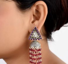 92.5 Sterling Silver Earrings  Amethyst Triangular Stud Red Onyx Tassel Jhumki Earrings