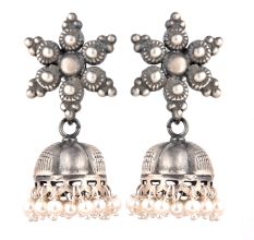 92.5 Sterling Silver Oxidized Earrings Big floral Hanging Jhumkis With Silver Tassels Earrings