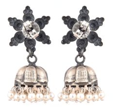 92.5 Sterling Silver Oxidized Earrings Big floral Hanging Jhumkis With Silver Tassels Earrings