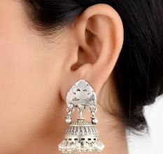 92.5 Sterling Silver Earrings Abstract Stud Design Jhumki  With Hanging Silver Beads