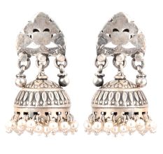 92.5 Sterling Silver Earrings Abstract Stud Design Jhumki  With Hanging Silver Beads