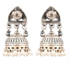 92.5 Sterling Silver Earrings Abstract Stud Design Jhumki  With Hanging Silver Beads